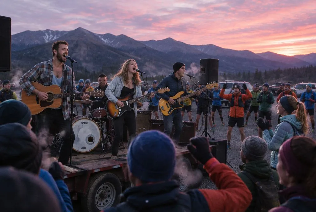 TrailFire playing a dawn gig in the mountains