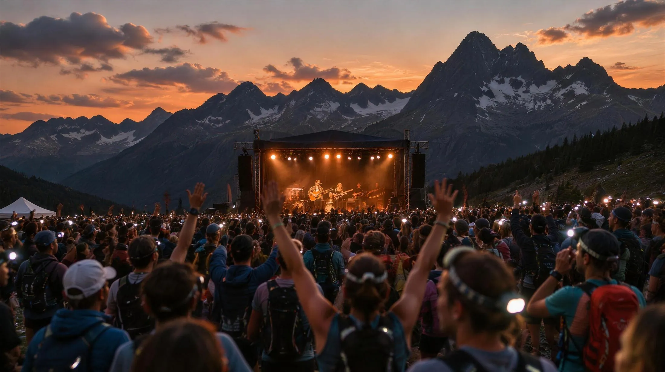 TrailFire playing a mountain festival stage at dusk