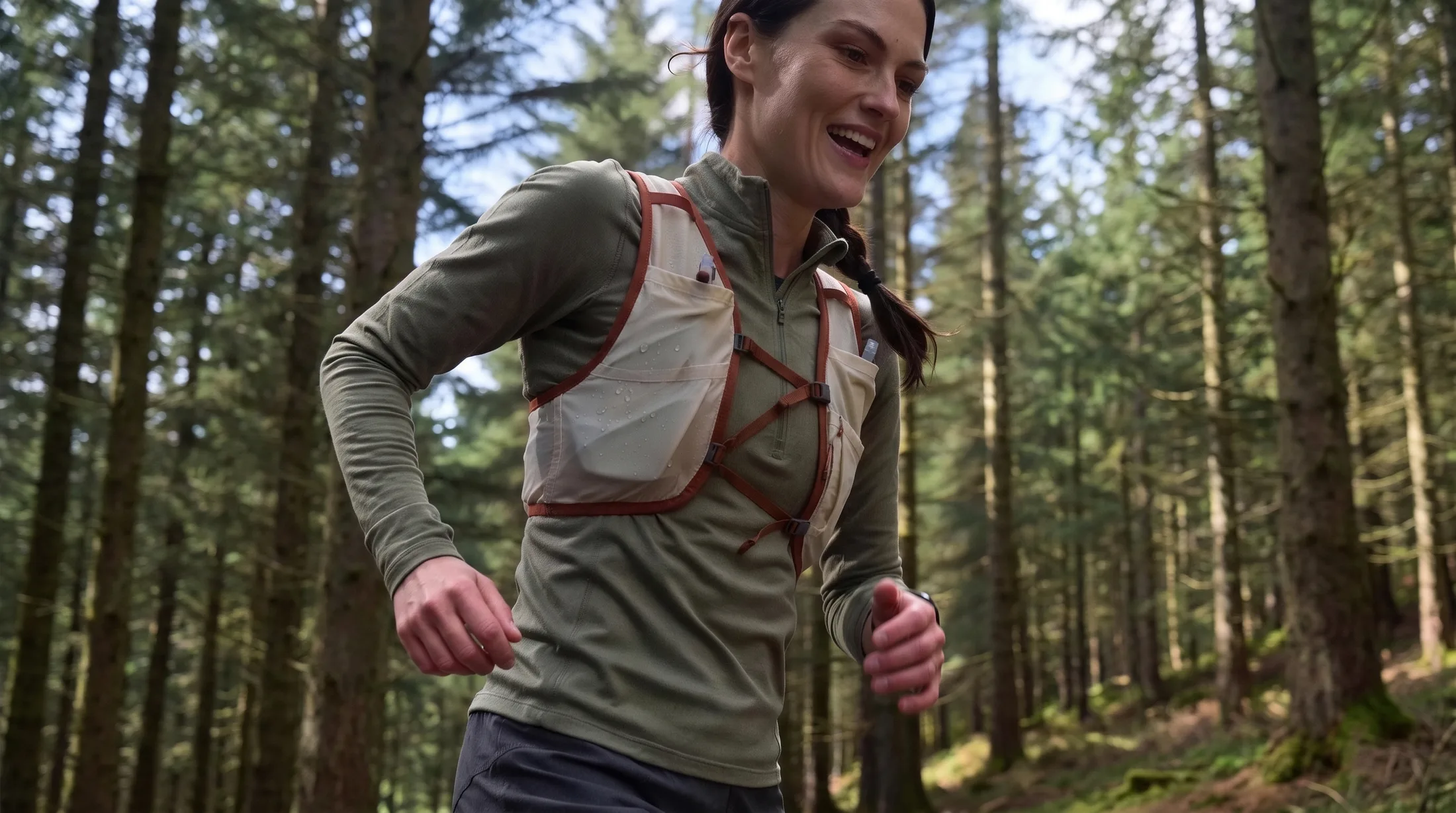 Tam running through a pine forest