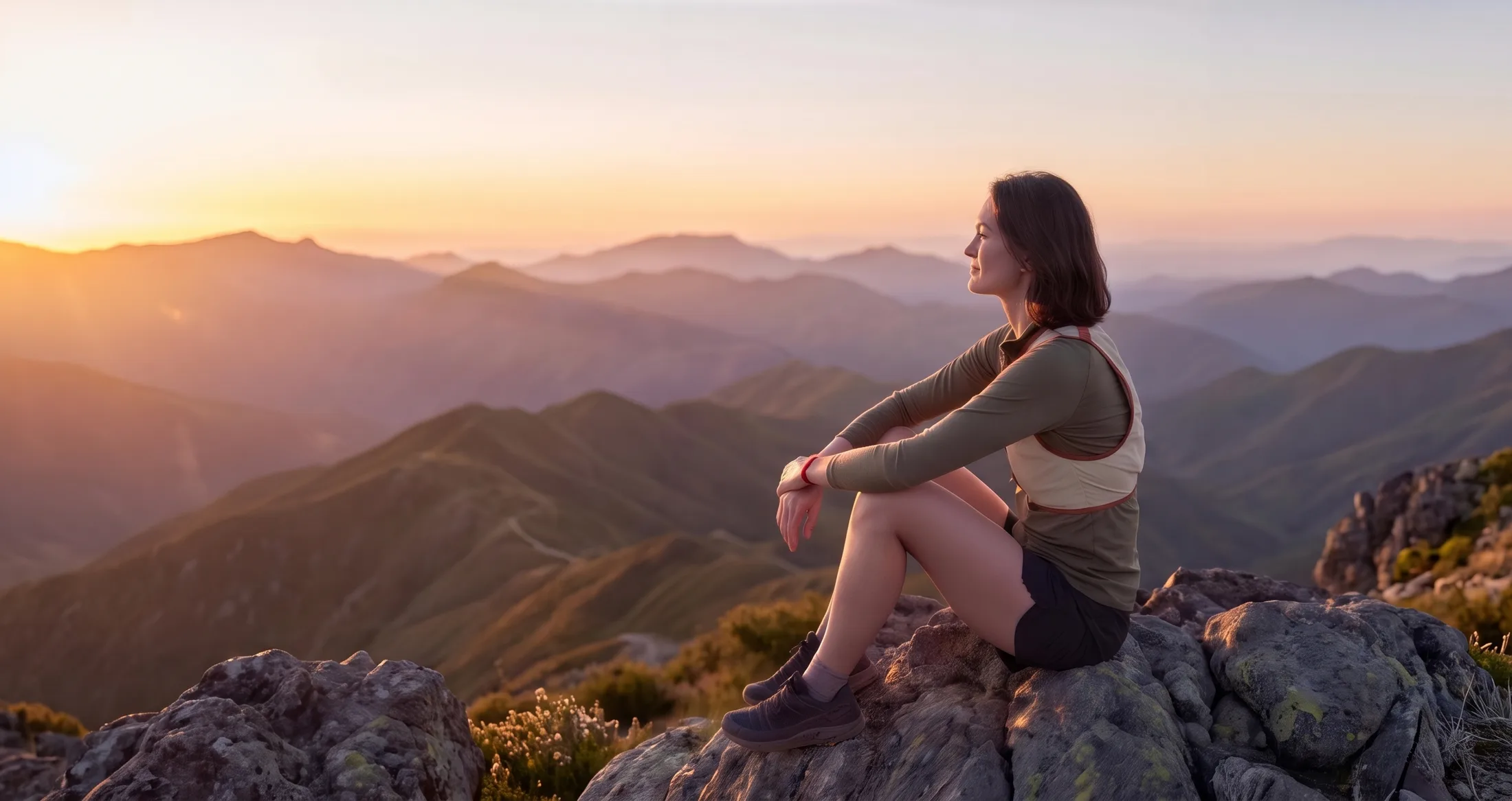 Tam sitting on a summit rock at golden hour