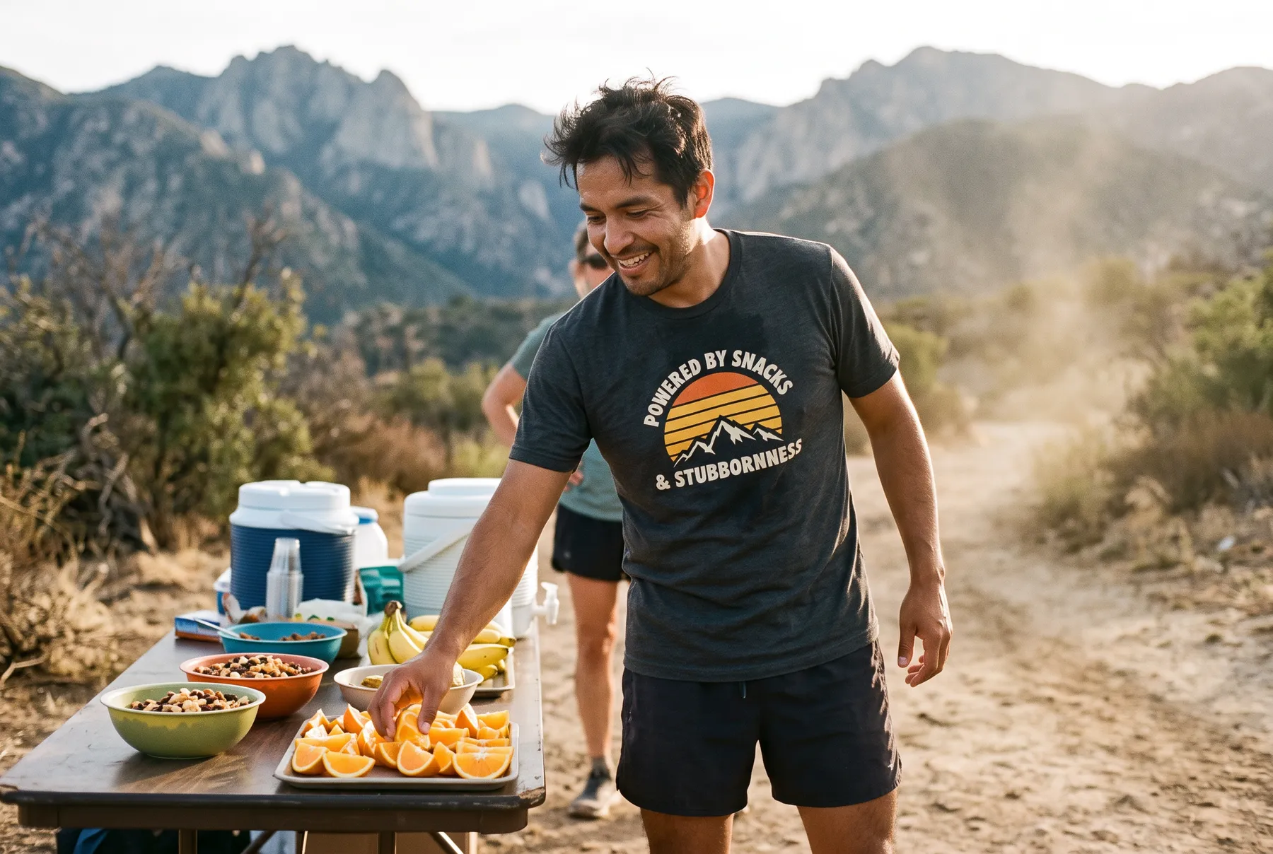 Runner at a trailside snack table wearing the Powered by Snacks tee